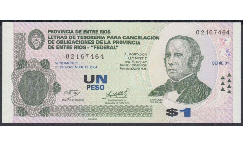 Аргентина 1 песо 2002 год (Локальный выпуск Энтре Риос) (ARGENTINA 1 pesos 2002 year (Local issue Entre Rios)) :Unc