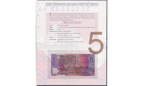 Австралия 5, 10, 20 долларов 1995 года, в буклетах, Тираж 899штук, Все с одним красного цвета номером AA 95000899, РАРИТЕТ (AUSTRALIA 5 Dollars (1983)): UNC