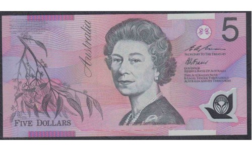 Австралия 5 долларов 1995-1998 года, черный серийный номер и узкие полосы ориентации, Редкие, полимер (AUSTRALIA 5 Dollars 1995-1998, Polymer) P 51b: UNC