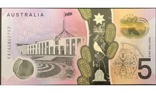 Австралия 5 долларов 2016 года, Полимер (AUSTRALIA 5 Dollars 2016, Polymer) P62 : UNC