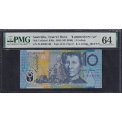 Австралия 10 долларов 1993, Полимер, красная надпечатка серии и номера, CM 93000407, Юбилейный Выпуск, РЕДКОСТЬ (AUSTRALIA 10 Dollars 1993, Polymer, "Commemorative"red overprint date, serial number, RARE) P 52(A)a E01a: UNC PMG 64