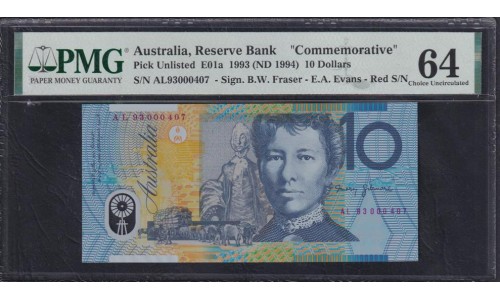 Австралия 10 долларов 1993, Полимер, красная надпечатка серии и номера, CM 93000407, Юбилейный Выпуск, РЕДКОСТЬ (AUSTRALIA 10 Dollars 1993, Polymer, "Commemorative"red overprint date, serial number, RARE) P 52(A)a E01a: UNC PMG 64