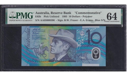 Австралия 10 долларов 1995, Полимер, синяя надпечатка серии и номера, CM 93000407, Юбилейный Выпуск, РЕДКОСТЬ (AUSTRALIA 10 Dollars 1995, Polymer, "Commemorative"blue overprint date, serial number, RARE) P 52(A)b E02b: UNC PMG 64
