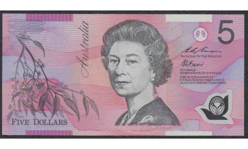 Австралия 5 долларов 1995-1998 года, черный серийный номер и широкие полосы ориентации (AUSTRALIA 5 Dollars 1995-1998) P 51a: UNC