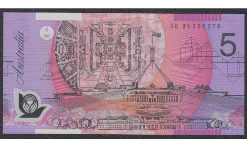 Австралия 5 долларов 1995-1998 года, черный серийный номер и широкие полосы ориентации (AUSTRALIA 5 Dollars 1995-1998) P 51a: UNC