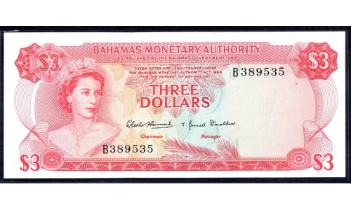 Багамские Острова 3 доллара 1968 г. (BAHAMAS 3 Dollars  L. 1968) P28:Unc