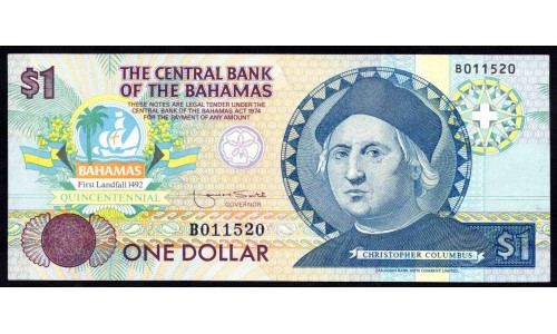 Багамские Острова 1 доллар L. 1974 (1992) г. выпуск к 500 летью открытия Багамских островов (BAHAMAS 1 Dollar L. 1974 (1992)) P 50: UNC