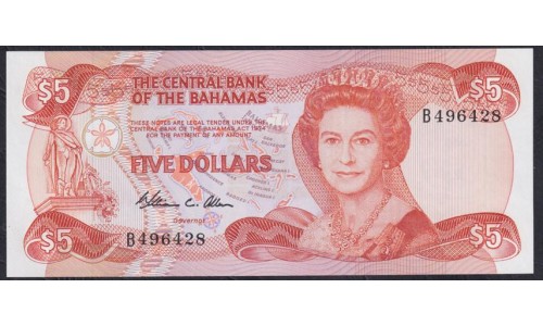 Багамские Острова 5 долларов L. 1974 (1984) г. (BAHAMAS 5 Dollars L. 1974 (1984)) P45а: UNC