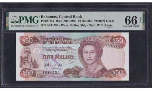 Багамские Острова 50 долларов L. 1974 (ND1984) г.  (BAHAMAS 50 Dollars L. 1974 (ND1984)) P 48a: PMG 66 Gem UNC EPQ