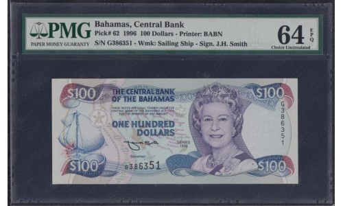 Багамские Острова 100 долларов 1996 г.  (BAHAMAS 100 Dollars 1996) P 62: PMG 64 Choice UNC EPQ