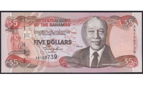 Багамские Острова 5 долларов 2001 год, AA108739 (BAHAMAS 5 Dollars 2001) P 63b: UNC