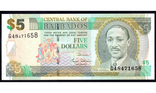 Барбадос 5 долларов 2007 г. (BARBADOS 5 Dollars 2007) P67а:Unc