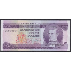 Барбадос 20 долларов 1973 года, Короткий Номер из Первой Сотни D1 000087 (BARBADOS 10 Dollars  1973) P34: UNC