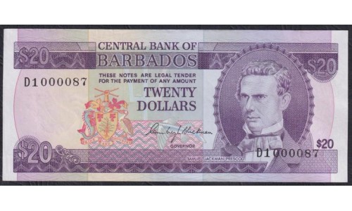 Барбадос 20 долларов 1973 года, Короткий Номер из Первой Сотни D1 000087 (BARBADOS 10 Dollars  1973) P34: UNC