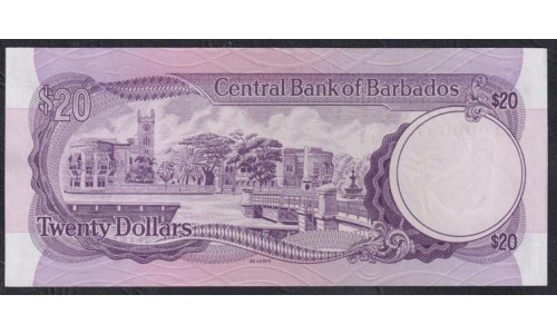 Барбадос 20 долларов 1973 года, Короткий Номер из Первой Сотни D1 000087 (BARBADOS 10 Dollars  1973) P34: UNC