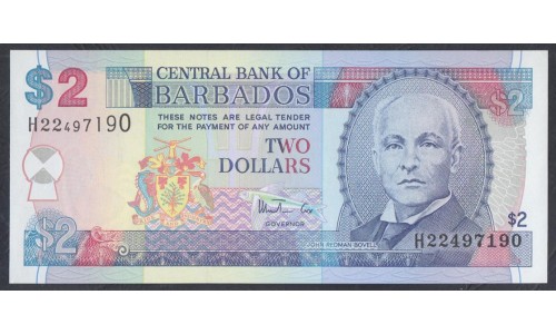 Барбадос 2 доллара ND (1999)  (BARBADOS 2 Dollars ND (1999)) P 54b: UNC