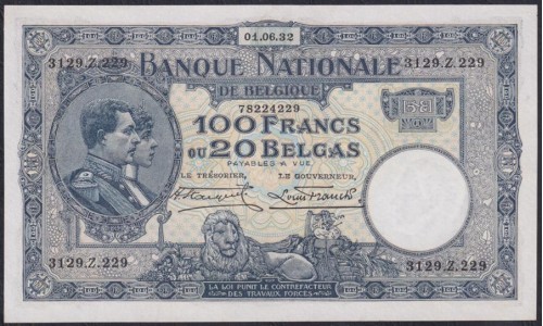 Бельгия 100 франков / 20 белгас 01.06.32 (BELGIUM 100 Frank / 20 Belgas 01.06.32) P 102(3): UNC-