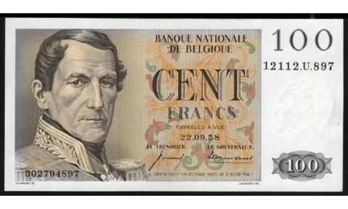 Бельгия 100 франков  22.09.58 (BELGIUM 100 Francs  22.09.58) P 129C(4): UNC