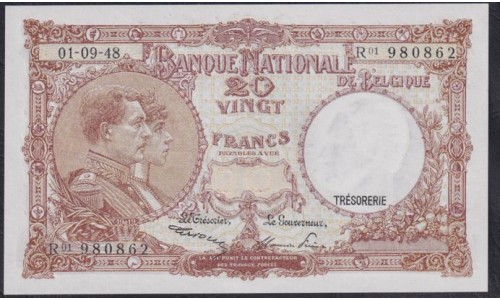 Бельгия 20 франков 01-09-48 (BELGIUM 20 Francs 01-09-1948) P 116: UNC
