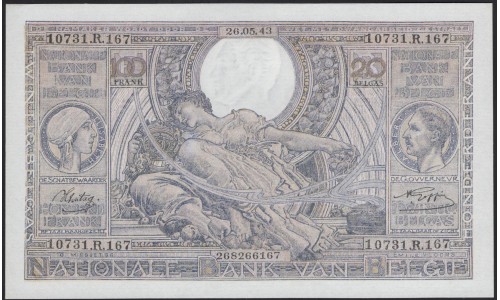 Бельгия 100 франков / 20 белгас 1943 (BELGIUM 100 Frank / 20 Belgas 1943) P 112 : UNC