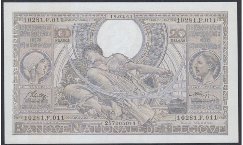 Бельгия 100 франков / 20 белгас 19.03.1943 (BELGIUM 100 Frank / 20 Belgas 19.03.1943) P 107(4) : UNC