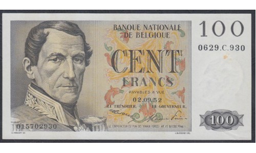 Бельгия 100 франков 02/09/1952, Самый Первый Выпуск(Belgium 100 francs 02/09/1952) P 129a: UNC