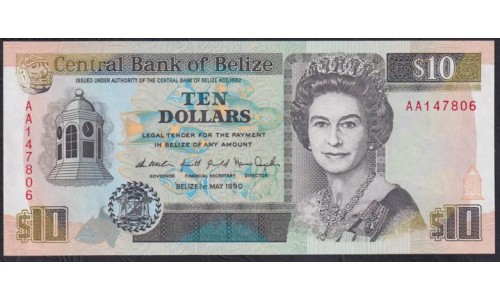 Белиз 10 долларов 1990 года (BELIZE 10 dollars 1990) P 54a: UNC