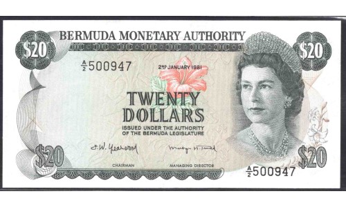 Бермудские Острова 20 долларов 1981  г. (BERMUDA 20 Dollars 1981) P 31с: UNC