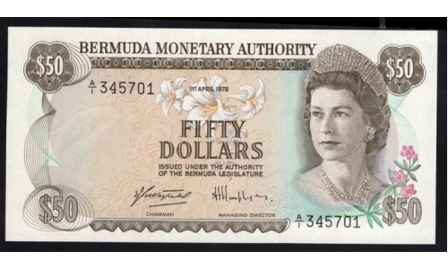 Бермудские Острова 50 долларов 1.04.1978 года, РЕДКИЕ (BERMUDA 50 Dollars 1.04.1978, RARE) P 32b: UNC