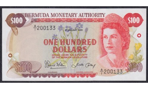 Бермудские Острова 100 долларов 1.01.1986 года, РЕДКИЕ (BERMUDA 100 Dollars 1.01.1986, RARE) P 33c: UNC