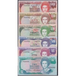 Бермудские острова 2 доллара 1988, 5, 10, 20, 50 и 100 долларов 1989 года, Одинаковые номера B/1 000566, РЕДКОСТЬ (BERMUDA 2 -1988, 5, 10, 20, 50, 100 Dollars 1989) P 34a, 35a, 36a, 37a, 38a, 39a: UNC