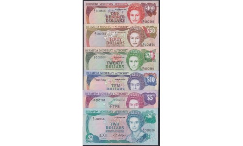 Бермудские острова 2 доллара 1988, 5, 10, 20, 50 и 100 долларов 1989 года, Одинаковые номера B/1 000566, РЕДКОСТЬ (BERMUDA 2 -1988, 5, 10, 20, 50, 100 Dollars 1989) P 34a, 35a, 36a, 37a, 38a, 39a: UNC