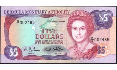 Бермудские Острова 5 долларов 1989 (BERMUDA 5 Dollars 1989) P 35a : UNC