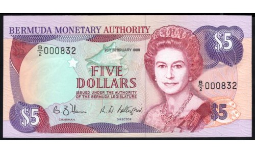 Бермудские Острова 5 долларов 1989, РЕДКИЕ (BERMUDA 5 Dollars 1989) P 35b: UNC