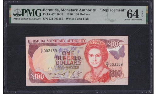 Бермудские Острова 100 долларов 1996 года, серия замещения (BERMUDA 100 Dollars 1996 REPLACEMENT) P 45r: PMG 64 Choice Uncirculated EPQ 