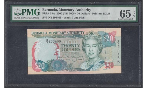 Бермудские Острова 20 долларов 2000  г. (BERMUDA 20 Dollars 2000) P 53A: UNC PMG 65 EPQ