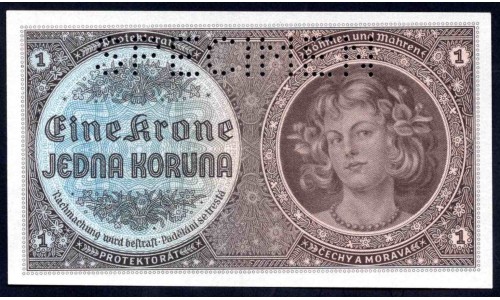 Богемия и Моравия 1 крона ND (1940 г.) (BOHEMIA & MORAVIA 1 Krone / Koruna ND (1940)) P3s:Unc SPECIMEN