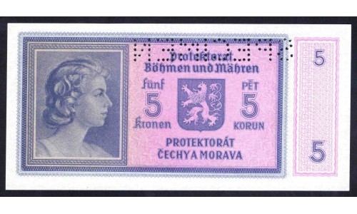 Богемия и Моравия 5 крон ND (1940 г.) (BOHEMIA & MORAVIA 5 Kronen / Korun ND (1940)) P 4s: UNC SPECIMEN