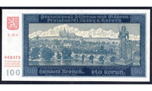 Богемия и Моравия 100 крон 1940 г. (BOHEMIA & MORAVIA 100 Kronen / Korun 1940) P6s:Unc