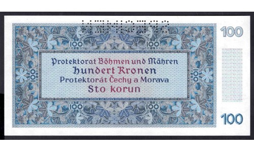 Богемия и Моравия 100 крон 1940 г. (BOHEMIA & MORAVIA 100 Kronen / Korun 1940) P6s:Unc SPECIMEN
