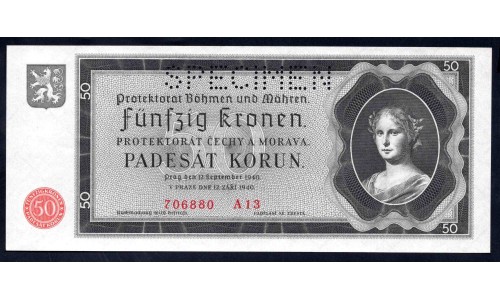 Богемия и Моравия 50 крон 1940 г. (BOHEMIA & MORAVIA 50 Kronen / Korun 1940) P 5s: UNC SPECIMEN