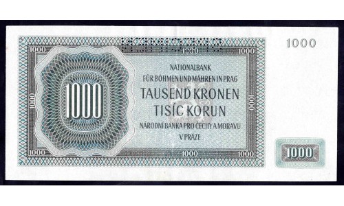 Богемия и Моравия 1000 крон 1942 года (BOHEMIA & MORAVIA 1000 Kronen / Korun 1942) P13s: UNC SPECIMEN