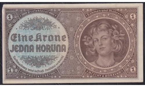 Богемия и Моравия 1 крона ND (1940 г.) (BOHEMIA & MORAVIA 1 Krone / Koruna ND (1940)) P3: UNC-- Без перегибов