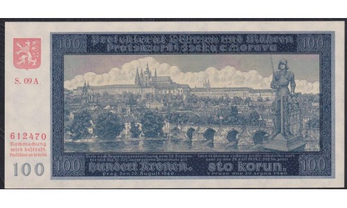 Богемия и Моравия 100 крон 1940 года, S.09 A 612470 ОБРАЗЕЦ (BOHEMIA & MORAVIA 100 Kronen / Korun 1940, SPECIMEN) P6s: UNC