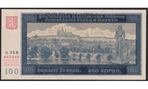 Богемия и Моравия 100 крон 1940 года, S. 33 B 852949, ОБРАЗЕЦ (BOHEMIA & MORAVIA 100 Kronen / Korun 1940) P6s:Unc SPECIMEN