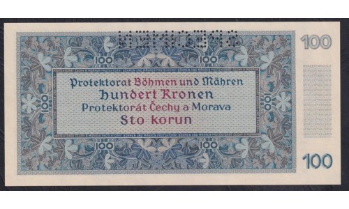 Богемия и Моравия 100 крон 1940 года, S. 33 B 852949, ОБРАЗЕЦ (BOHEMIA & MORAVIA 100 Kronen / Korun 1940) P6s:Unc SPECIMEN