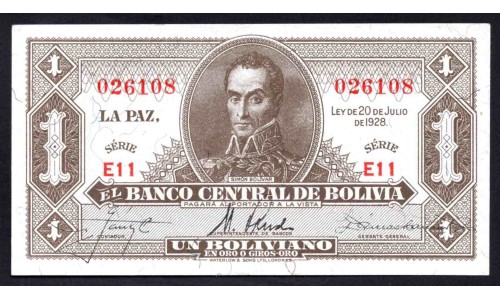 Боливия 1 боливиано 1928 г. (BOLIVIA 1 boliviano 1928 g.) P 128b: UNC