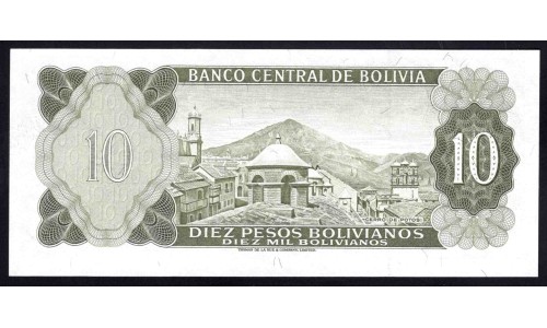 Боливия 10 песо 1962 г. (BOLIVIA 10 Pesos Bolivianos / 10.000 Bolivianos 1962) P 154: UNC