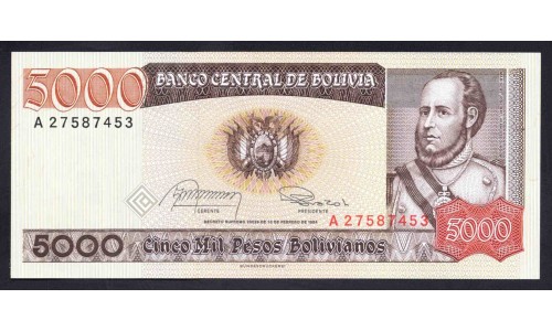 Боливия 5000 песо 1984 г. (BOLIVIA  5000 pesos 1984) P 168(1): UNC