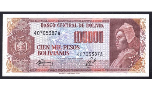Боливия 100000 песо 1984 г. (BOLIVIA  100000 pesos 1984) P 171: UNC